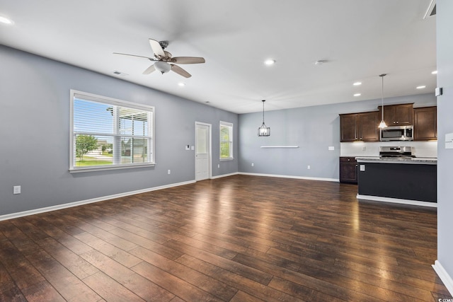 4115 Alvina Way, Myrtle Beach, SC 29579 - unfurnished living room featuring a ceiling fan, recessed lighting, dark wood finished floors, and baseboards