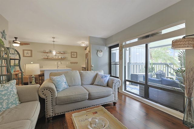88 Salt Marsh Cir Unit 22F, Pawleys Island, SC 29585 - living area featuring dark wood finished floors and a ceiling fan