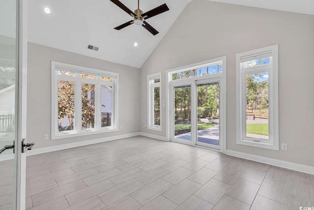 133 Deloach Trl, Pawleys Island, SC 29585 - empty room with high vaulted ceiling, ceiling fan, baseboards, and recessed lighting