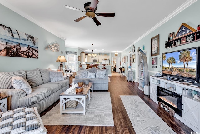 4820 Magnolia Lake Dr Unit 305, Myrtle Beach, SC 29577 - living area featuring a chandelier, ornamental molding, ceiling fan, and dark wood finished floors