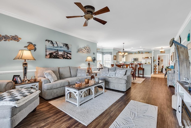 4820 Magnolia Lake Dr Unit 305, Myrtle Beach, SC 29577 - living area featuring ceiling fan, a chandelier, crown molding, and dark wood-type flooring