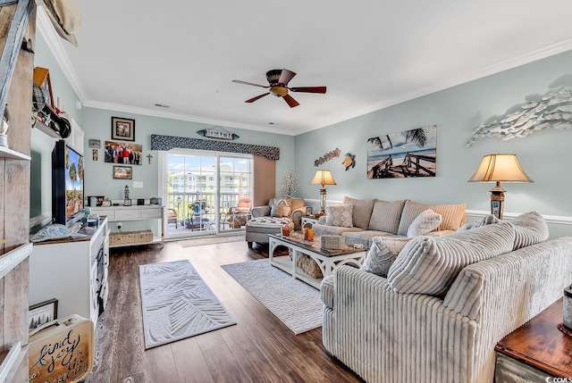 4820 Magnolia Lake Dr Unit 305, Myrtle Beach, SC 29577 - living room with ceiling fan, wood finished floors, and crown molding