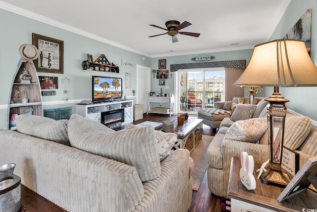 4820 Magnolia Lake Dr Unit 305, Myrtle Beach, SC 29577 - living area with a ceiling fan, wood finished floors, crown molding, and a glass covered fireplace