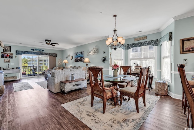 4820 Magnolia Lake Dr Unit 305, Myrtle Beach, SC 29577 - dining room with a chandelier, dark wood-style floors, a ceiling fan, ornamental molding, and baseboards