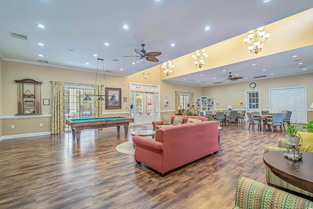 29 Saltwind Loop, Murrells Inlet, SC 29576 - living room with a ceiling fan, billiards table, recessed lighting, wood finished floors, and ornamental molding