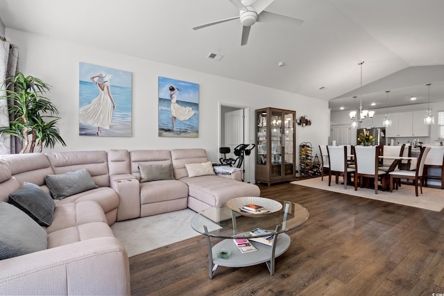 915 Sorano St, Myrtle Beach, SC 29579 - living room featuring a chandelier, lofted ceiling, ceiling fan, and dark wood finished floors