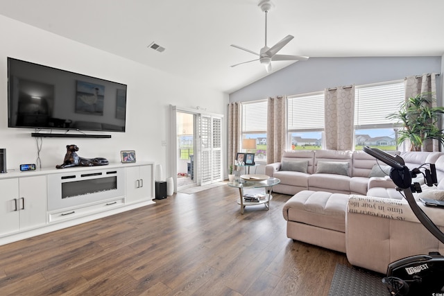 915 Sorano St, Myrtle Beach, SC 29579 - living area with lofted ceiling, dark wood-type flooring, and a ceiling fan