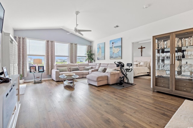 915 Sorano St, Myrtle Beach, SC 29579 - living area with ceiling fan, wood finished floors, and vaulted ceiling