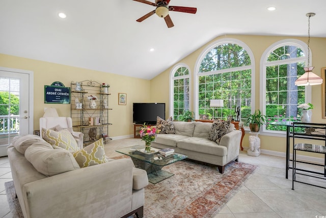 168 Mackinley Cir, Pawleys Island, SC 29585 - living room featuring a ceiling fan, vaulted ceiling, recessed lighting, and light tile patterned floors