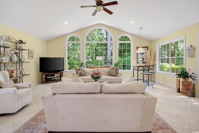 168 Mackinley Cir, Pawleys Island, SC 29585 - living room with light tile patterned floors, a ceiling fan, lofted ceiling, and recessed lighting