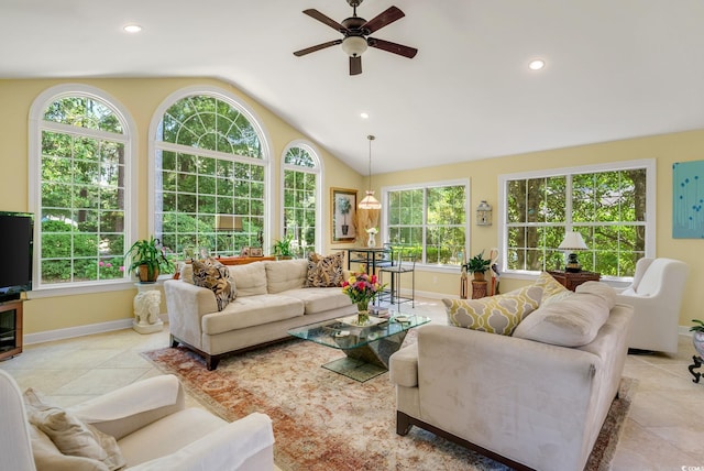 168 Mackinley Cir, Pawleys Island, SC 29585 - living area with vaulted ceiling, ceiling fan, recessed lighting, and tile patterned flooring