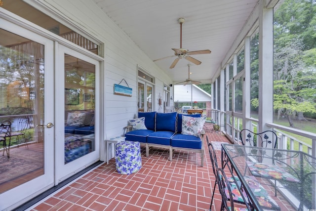 3231 Center Rd, Georgetown, SC 29440 - sunroom featuring a ceiling fan, french doors, and outdoor lounge area