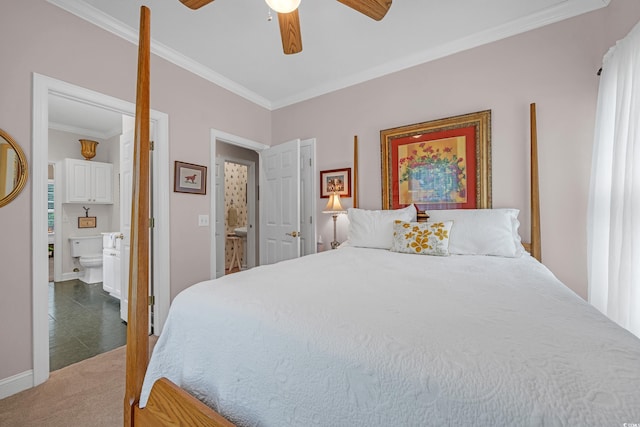 3231 Center Rd, Georgetown, SC 29440 - bedroom featuring ornamental molding, ensuite bath, baseboards, ceiling fan, and light colored carpet