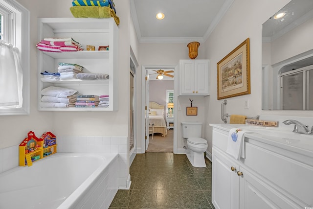 3231 Center Rd, Georgetown, SC 29440 - bathroom featuring vanity, a bath, a stall shower, ornamental molding, and toilet