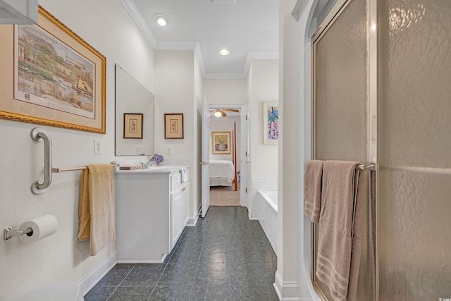 3231 Center Rd, Georgetown, SC 29440 - bathroom featuring crown molding, baseboards, vanity, a shower with door, and recessed lighting