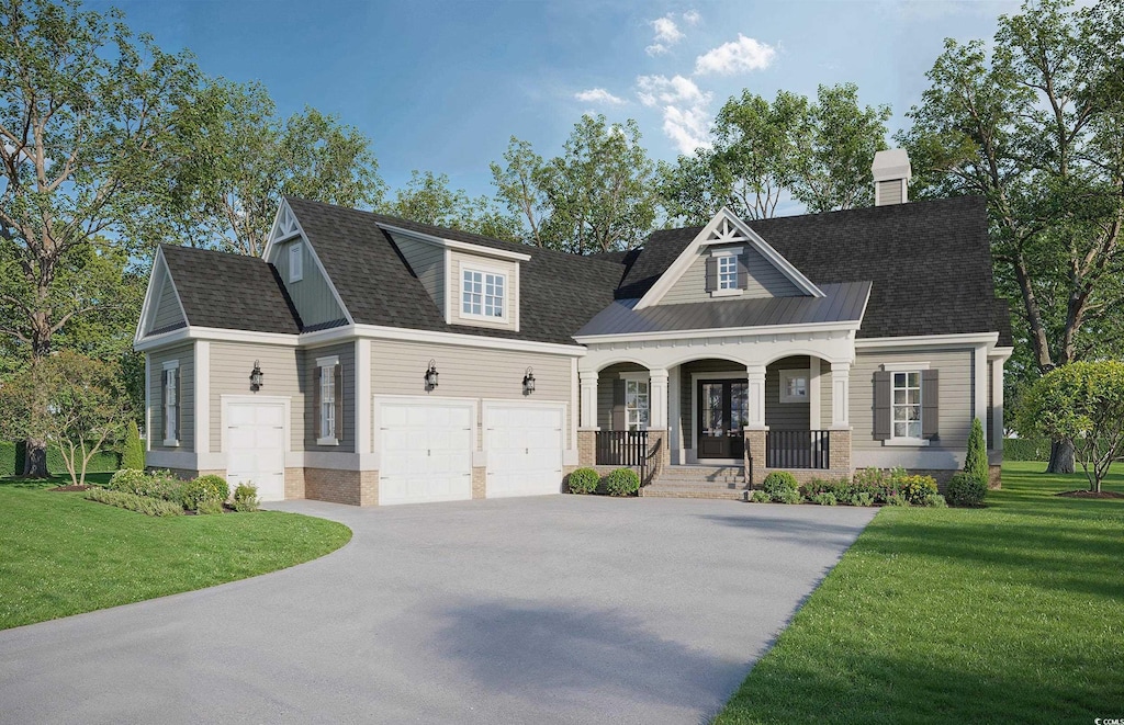 LOT63 Preservation Cir, Pawleys Island, SC 29585 - view of front of home featuring covered porch, a front lawn, a garage, and driveway