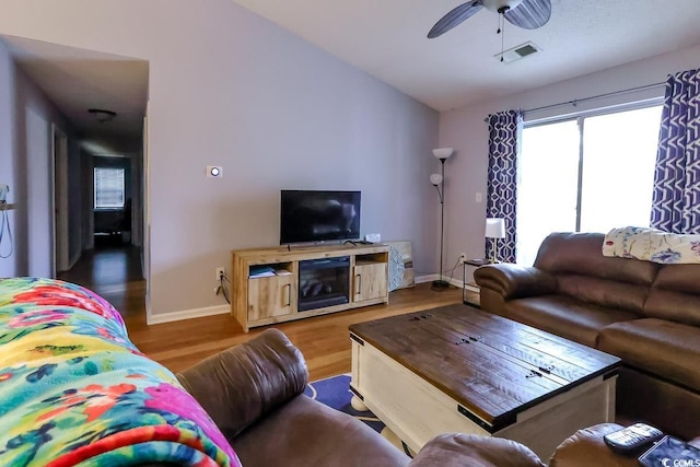 3774 Hitchcock Way Unit 836, Myrtle Beach, SC 29572 - living area featuring wood finished floors, a ceiling fan, and lofted ceiling