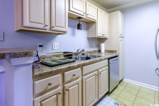 3774 Hitchcock Way Unit 836, Myrtle Beach, SC 29572 - kitchen featuring dishwasher, ornamental molding, light tile patterned floors, and white cabinetry