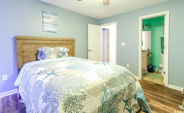 3774 Hitchcock Way Unit 836, Myrtle Beach, SC 29572 - bedroom with wood finished floors, ceiling fan, and ensuite bathroom