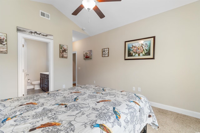 177 Baylee Cir, Galivants Ferry, SC 29544 - carpeted bedroom with vaulted ceiling, ensuite bathroom, and a ceiling fan