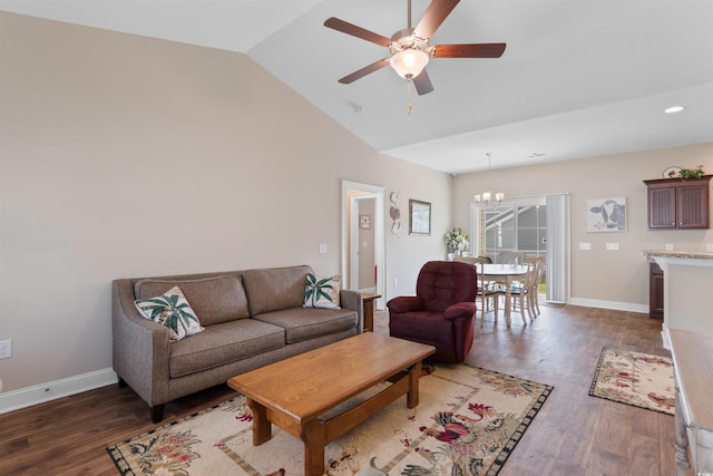 177 Baylee Cir, Galivants Ferry, SC 29544 - living area featuring lofted ceiling, ceiling fan, a chandelier, wood finished floors, and recessed lighting