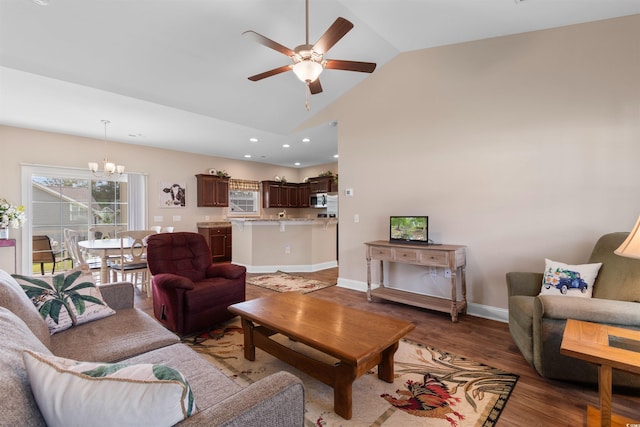 177 Baylee Cir, Galivants Ferry, SC 29544 - living area with a chandelier, ceiling fan, lofted ceiling, light wood-style floors, and recessed lighting