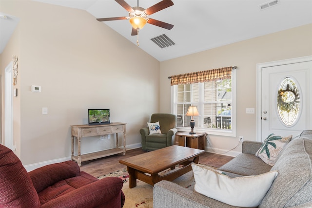 177 Baylee Cir, Galivants Ferry, SC 29544 - living area with ceiling fan, wood finished floors, and high vaulted ceiling