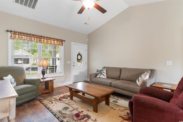 177 Baylee Cir, Galivants Ferry, SC 29544 - living room featuring a ceiling fan, wood finished floors, and high vaulted ceiling