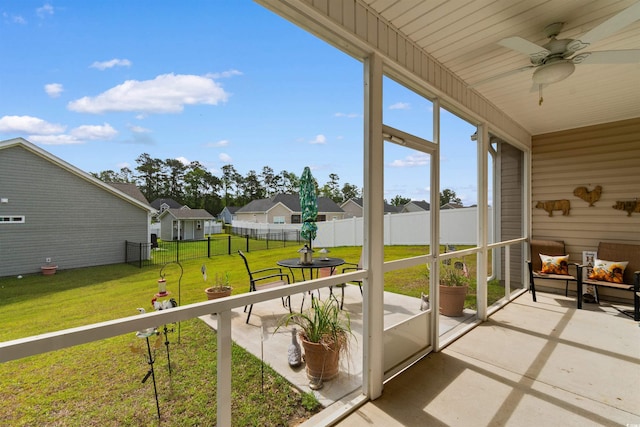 177 Baylee Cir, Galivants Ferry, SC 29544 - sunroom featuring ceiling fan, outdoor lounge area, and a residential view