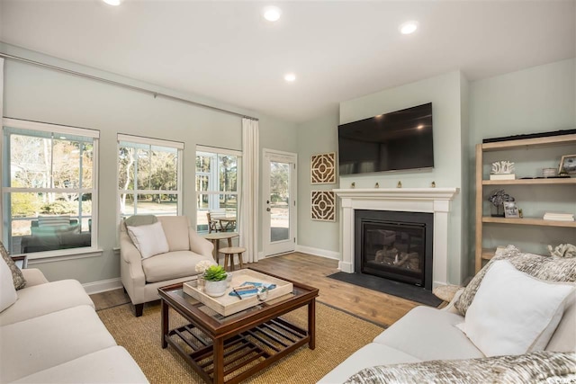 5034 Selene Ct, Myrtle Beach, SC 29588 - living room with baseboards, wood finished floors, recessed lighting, and a fireplace with flush hearth