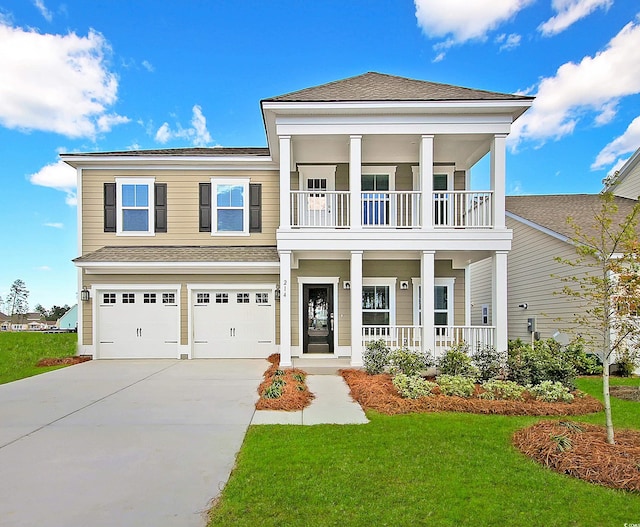 5034 Selene Ct, Myrtle Beach, SC 29588 - view of front facade featuring a balcony, a porch, concrete driveway, a garage, and a front yard