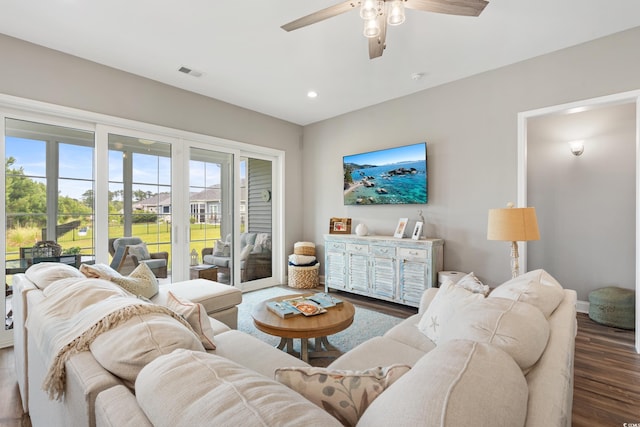 314 Bumble Cir, Murrells Inlet, SC 29576 - living room featuring wood finished floors, ceiling fan, and recessed lighting