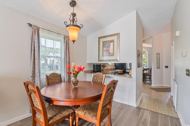 1407 Sunningdale Ln, Myrtle Beach, SC 29588 - dining area with lofted ceiling, light wood-type flooring, and a textured ceiling