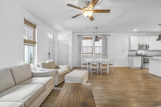 3547 Ladybank Loop, Myrtle Beach, SC 29577 - living room with a ceiling fan, wood finished floors, baseboards, and recessed lighting