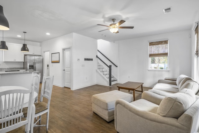 3547 Ladybank Loop, Myrtle Beach, SC 29577 - living room with stairs, ceiling fan, recessed lighting, dark wood-style flooring, and baseboards
