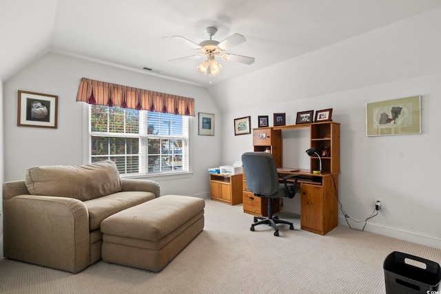 1044 Martin Ln, Conway, SC 29526 - office featuring light colored carpet, vaulted ceiling, and ceiling fan