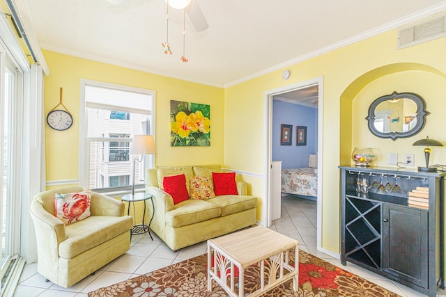 4525 S Ocean Blvd Unit 406, North Myrtle Beach, SC 29582 - living area with ornamental molding, light tile patterned floors, and a ceiling fan