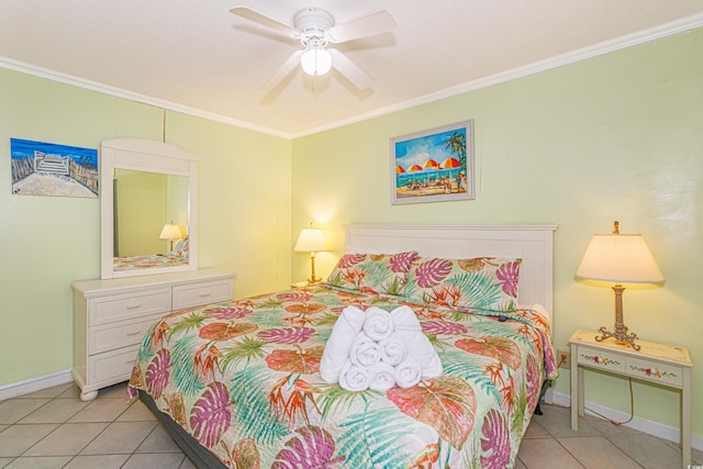 4525 S Ocean Blvd Unit 406, North Myrtle Beach, SC 29582 - bedroom with light tile patterned flooring, ornamental molding, baseboards, and a ceiling fan