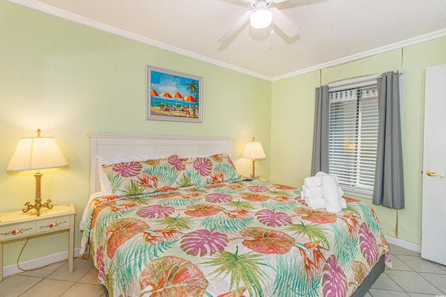 4525 S Ocean Blvd Unit 406, North Myrtle Beach, SC 29582 - bedroom with light tile patterned flooring, crown molding, baseboards, and ceiling fan