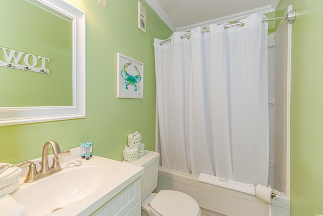 4525 S Ocean Blvd Unit 406, North Myrtle Beach, SC 29582 - full bathroom featuring vanity, toilet, crown molding, and shower / bath combo with shower curtain