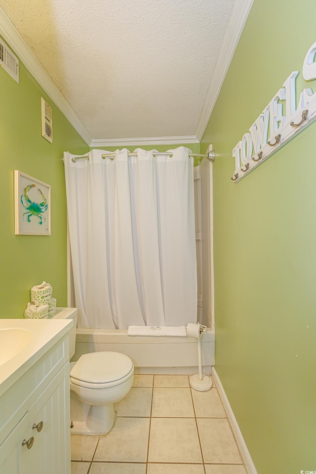4525 S Ocean Blvd Unit 406, North Myrtle Beach, SC 29582 - bathroom featuring toilet, shower / bathtub combination with curtain, vanity, a textured ceiling, and crown molding