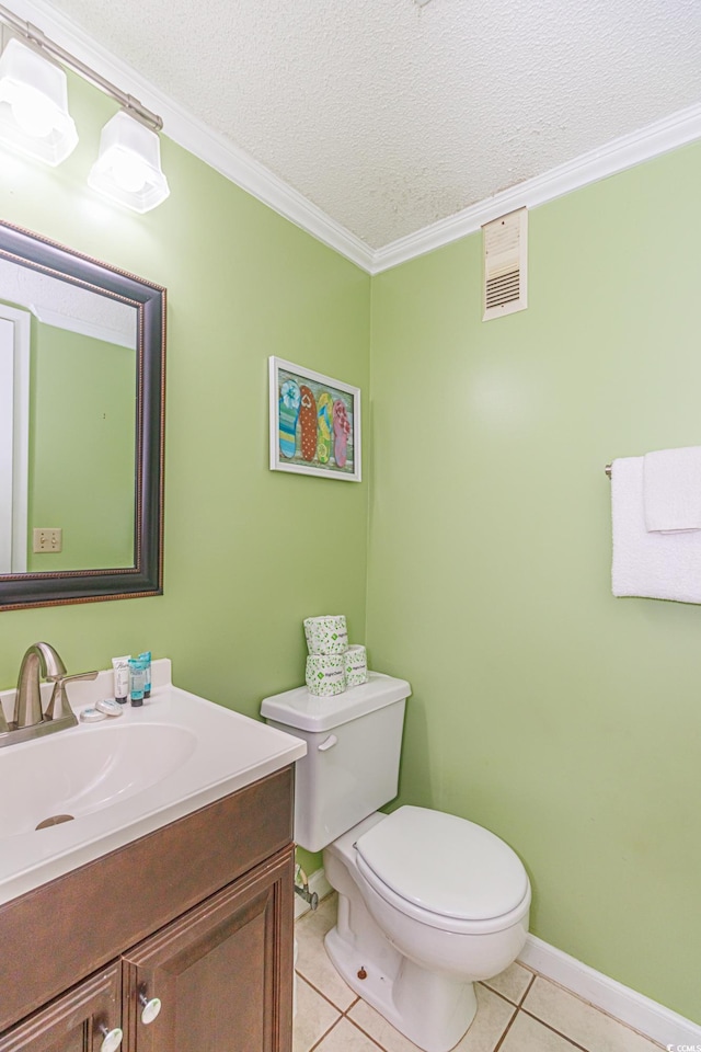 4525 S Ocean Blvd Unit 406, North Myrtle Beach, SC 29582 - half bath with toilet, tile patterned floors, vanity, ornamental molding, and a textured ceiling