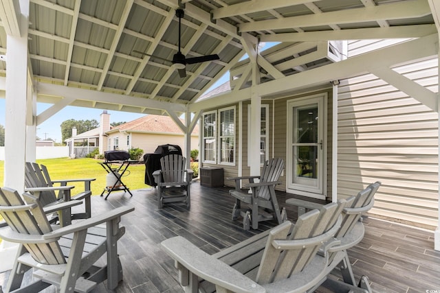 620 Seth Ln, Longs, SC 29568 - wooden terrace featuring a ceiling fan and a lawn