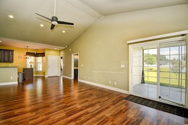 1412 Reid Ct, Myrtle Beach, SC 29588 - unfurnished living room featuring ceiling fan, dark wood finished floors, baseboards, high vaulted ceiling, and recessed lighting