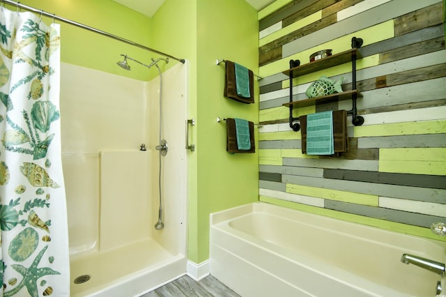 1412 Reid Ct, Myrtle Beach, SC 29588 - full bath with a shower with curtain, a bath, baseboards, and wood finished floors