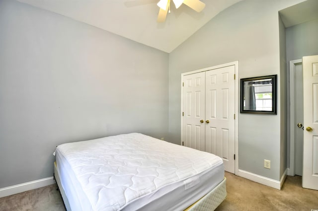 1412 Reid Ct, Myrtle Beach, SC 29588 - bedroom with light carpet, baseboards, a closet, ceiling fan, and high vaulted ceiling