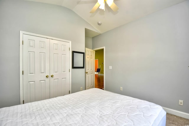 1412 Reid Ct, Myrtle Beach, SC 29588 - carpeted bedroom featuring lofted ceiling, ceiling fan, a closet, and baseboards