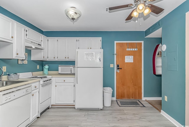 5905 S Kings Hwy Unit 1106, Myrtle Beach, SC 29575 - kitchen with white appliances, under cabinet range hood, a ceiling fan, and white cabinetry