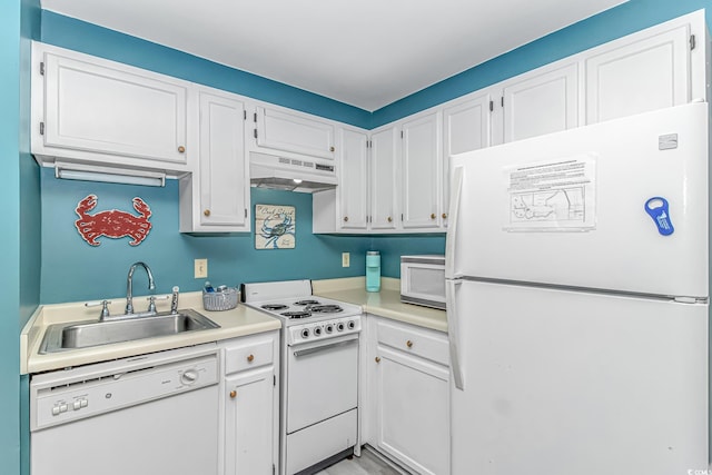 5905 S Kings Hwy Unit 1106, Myrtle Beach, SC 29575 - kitchen with white appliances, under cabinet range hood, a sink, and white cabinets