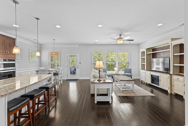 4555 Weekly Dr, Myrtle Beach, SC 29579 - living room featuring ceiling fan, recessed lighting, dark wood-style floors, and baseboards